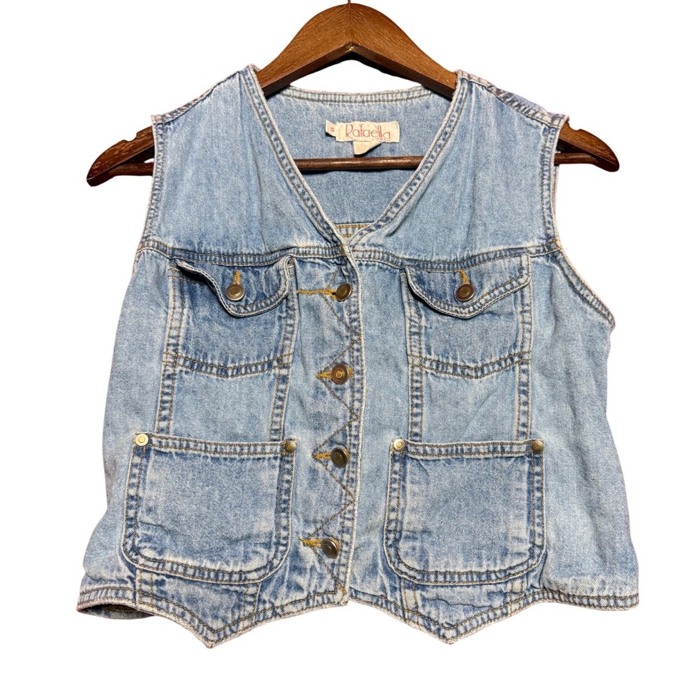 Vintage Rafaella Women Small Denim Utility Vest Sleeveless Button Up 4-Pocket 90
